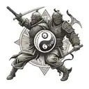 A yin and yang symbol incorporating elements of samurai armor and martial arts poses tattoo design idea