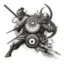 A yin and yang symbol incorporating elements of samurai armor and martial arts poses tattoo design idea