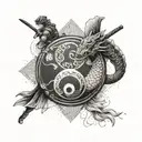 A yin and yang symbol incorporating elements of samurai armor and martial arts poses tattoo design idea