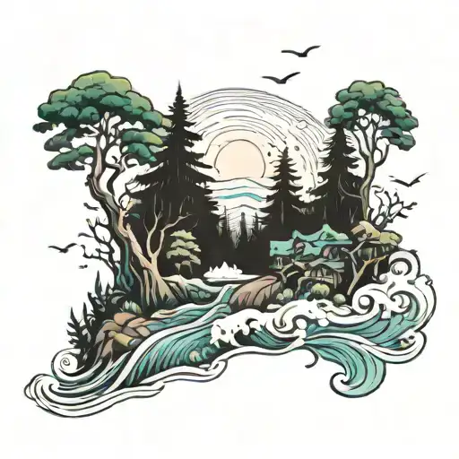 forest landscape mised with sea and surf  tattoo design idea