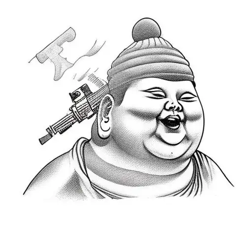 fat laughing buddha with ak-47 tattoo design idea