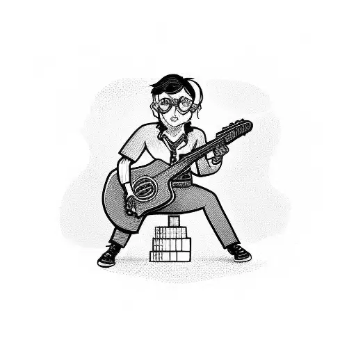 A locomotive mechanic holding a guitar with Harry Potter glasses on, in a blackwork style tattoo design idea