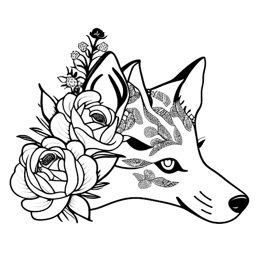 A tattoo of a fox surrounded by blooming roses and tulips tattoo design idea