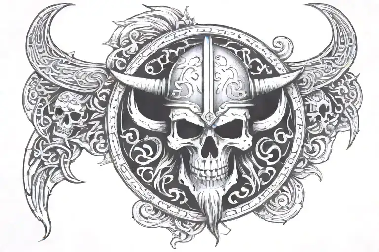 viking, shieldwall, skulls surrounded tattoo design idea