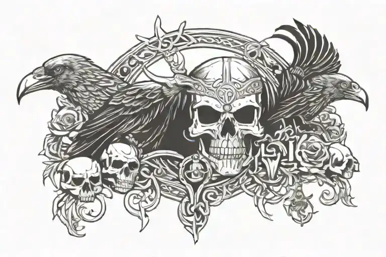 viking, skulls, chest, odin ravens tattoo design idea