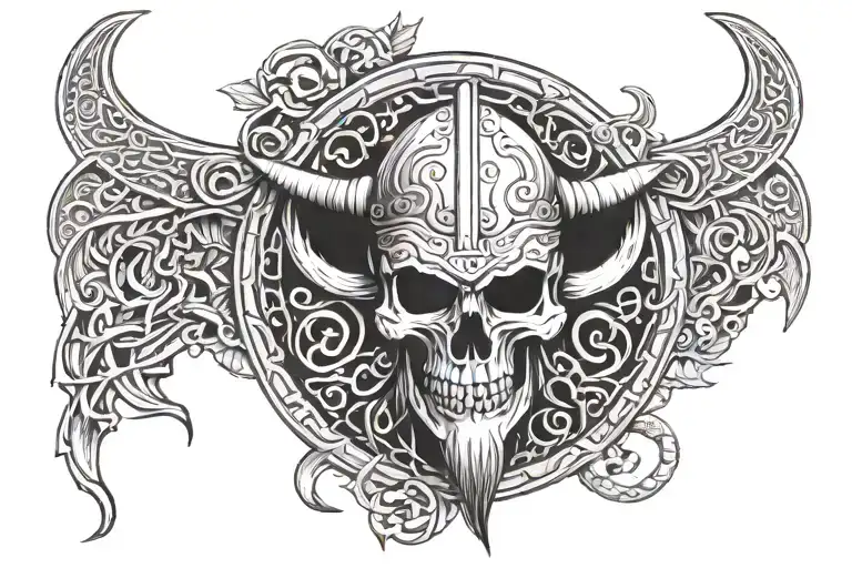 viking, shieldwall, skulls surrounded tattoo design idea