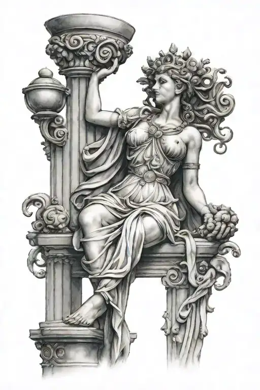 leg sleeve with Athena looking like lady justice with her hand gently on medusas cheek with medusa looking sweet and doc tattoo design idea