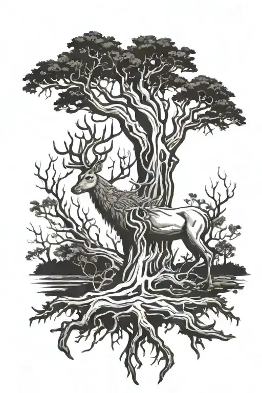 oak, tree life, slavik mythology dying tree, long roots and long branches, head deer tattoo design idea