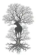 oak, tree life, slavik mythology dying tree, long roots and long branches, deer tattoo design idea