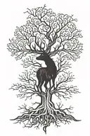 oak, tree life, slavik mythology dying tree, long roots and long branches, deer tattoo design idea