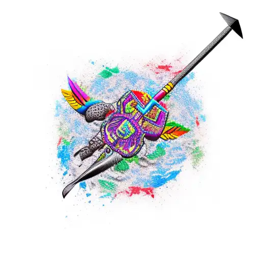 A vibrant realistic tattoo of a tomahawk surrounded by colorful feathers and a turtle emblem  tattoo design idea
