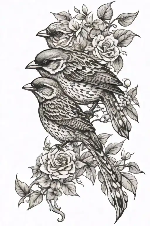 sparrow surrounded by flowing vines and flowers tattoo design idea