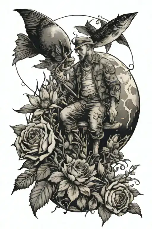 moon with man fishing surrounded by roses, sunflowers, dandelions, and delphiniums tattoo design idea