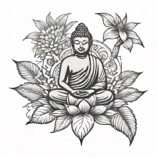 A stylized depiction of Buddha sitting on a lotus flower, surrounded by Balinese tropical flora and fauna tattoo design idea