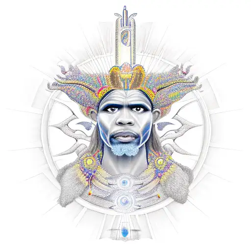 A highly detailed and lifelike depiction of Oxalá, the father of all orixas, seated on a throne with rays of light emanating from him tattoo design idea