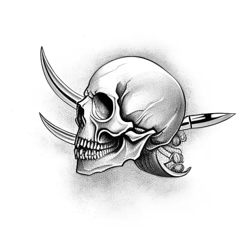 animated skull head and knife tattoo design idea