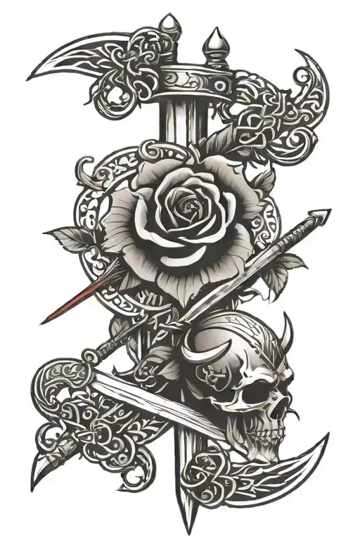 viking symbols blood and rose with some swords tattoo design idea