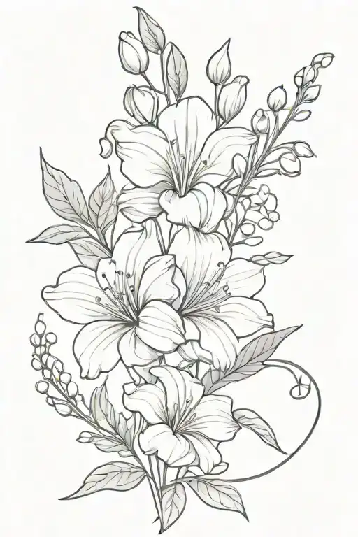 tattoo bouquet of sweet pea flowers, aster flowers, holly flowers, lily of the valley flowers, and linkspur flower tattoo design idea