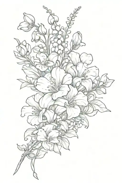 tattoo bouquet of sweet pea flowers, aster flowers, holly flowers, lily of the valley flowers, and linkspur flower tattoo design idea