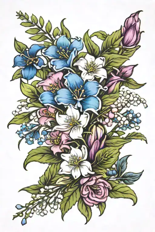 tattoo bouquet of sweet pea flowers, aster flowers, holly flowers, lily of the valley flowers, and linkspur flower tattoo design idea