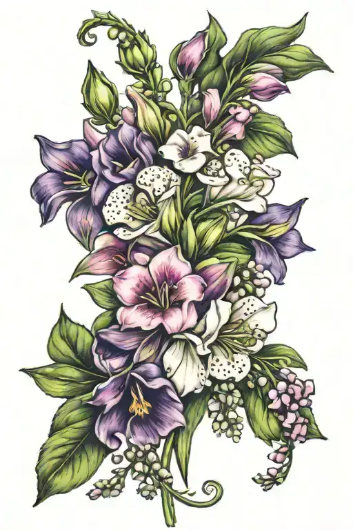 tattoo bouquet of sweet pea flowers, aster flowers, holly flowers, lily of the valley flowers, and linkspur flower tattoo design idea