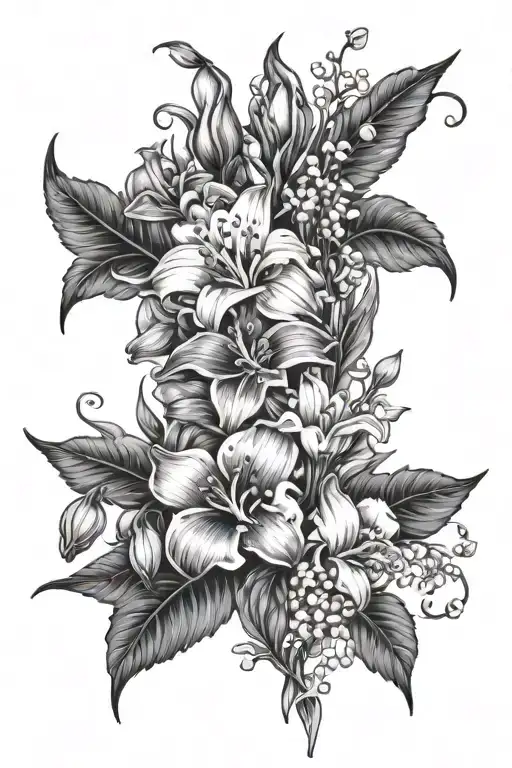 tattoo bouquet of sweet pea flowers, aster flowers, holly flowers, lily of the valley flowers, and linkspur flower tattoo design idea