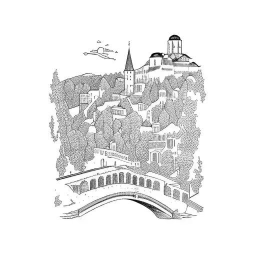 panoramic skylineincluding dublin beckets bridge, mostar old bridge, split dioklecijan palace, sarajevo vijecnica tattoo design idea