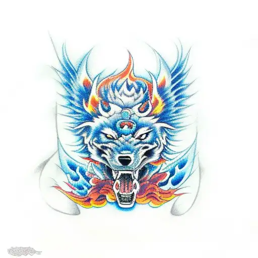 Blue fudog with fire tattoo design idea