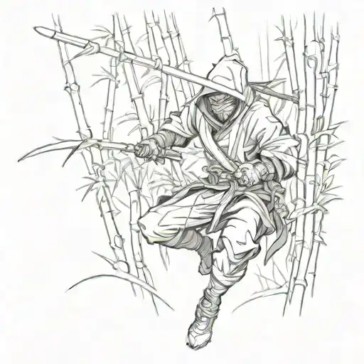 Ninja demon sneaking through a bamboo forest at night tattoo design idea