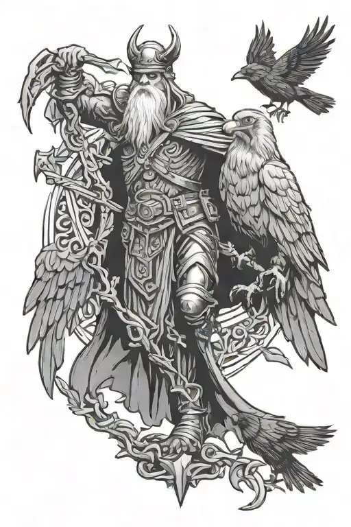 odin and crow standing tattoo design idea