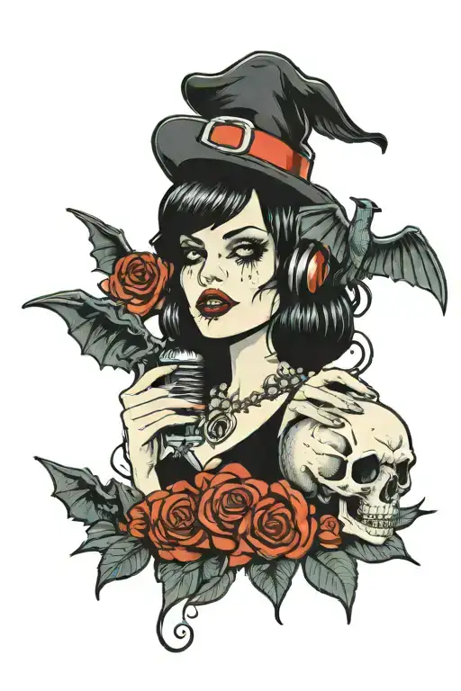 A hot spooky girl with a skull microphone singing in a graveyard filled with bats tattoo design idea