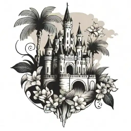 A whimsical Disney castle surrounded by tropical flowers tattoo design idea