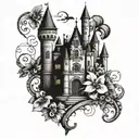 A whimsical Disney castle surrounded by tropical flowers tattoo design idea