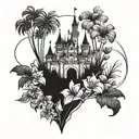 A whimsical Disney castle surrounded by tropical flowers tattoo design idea