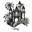 A whimsical Disney castle surrounded by tropical flowers tattoo design idea