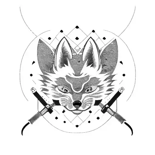 A traditional Japanese Kitsune mask with aircraft maintenance tools incorporated into the design tattoo design idea