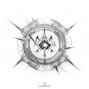 three swords with a circle with text Pather tattoo design idea
