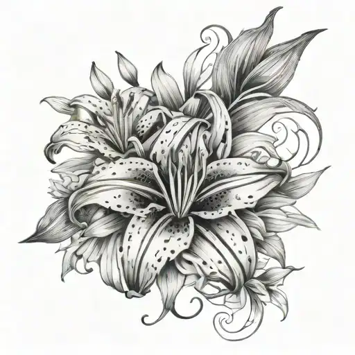 Tiger lily, aster and nacissus flower intertwined tattoo design idea