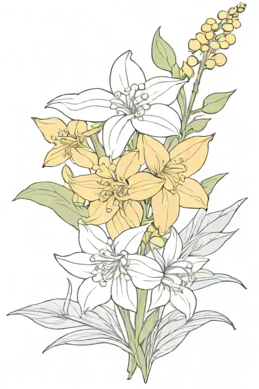 a bouquet with lily of the valley, larkspur, marigold, and narcissus tattoo design idea