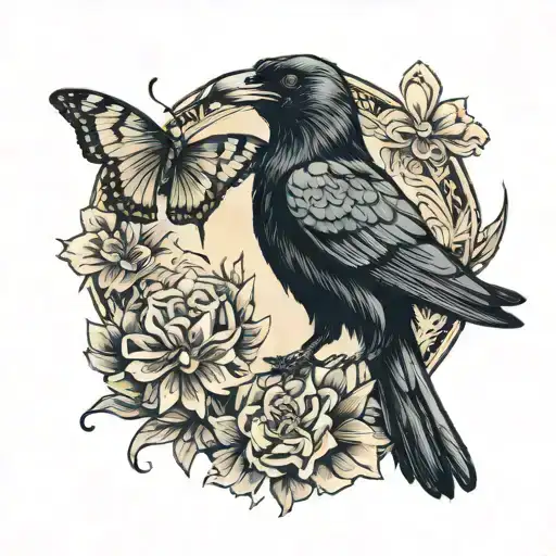 crow chasing a butterfly with name written "Sahra" tattoo design idea
