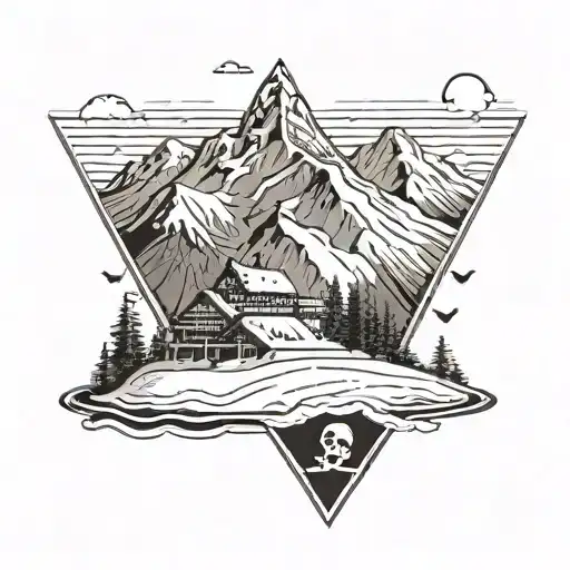 A ski slope with a jolly roger flag planted at the top, surrounded by snowy peaks tattoo design idea