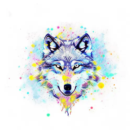 wolf head decorating border of arrows and straight lines, splash color galaxy tattoo design idea