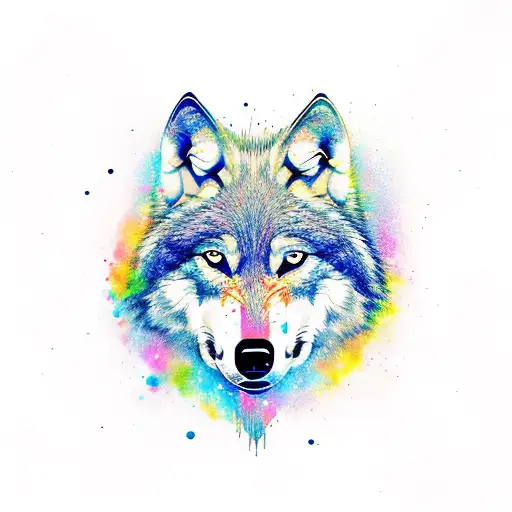 wolf head decorating border of arrows and straight lines, splash color galaxy tattoo design idea