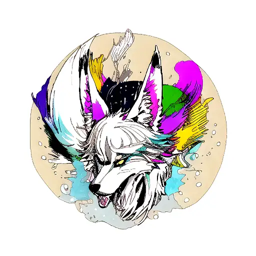 wolf head decorating border of arrows and straight lines, splash color galaxy tattoo design idea