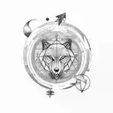 planets, arrows, wolf, dots line work tattoo design idea