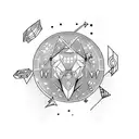 planets, arrows, wolf, dots line work tattoo design idea