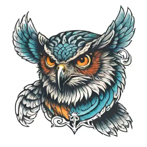 half the face of a hawk, its eyes are red and its wing is evil, half the face of an owl, its eyes are blue tattoo design idea