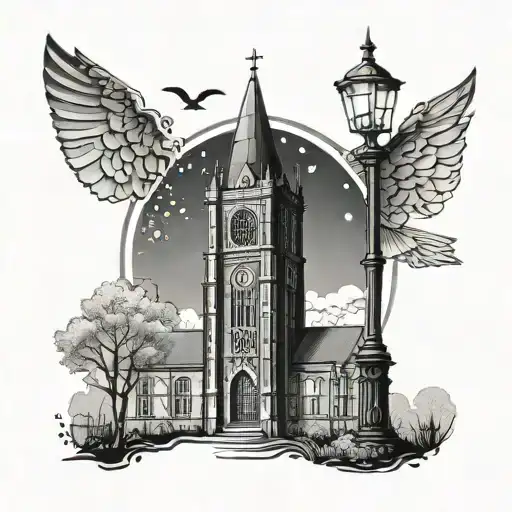 Blend the imagery of Jakemans Stadium floodlight and St. Botolph's Church in a striking tattoo design tattoo design idea