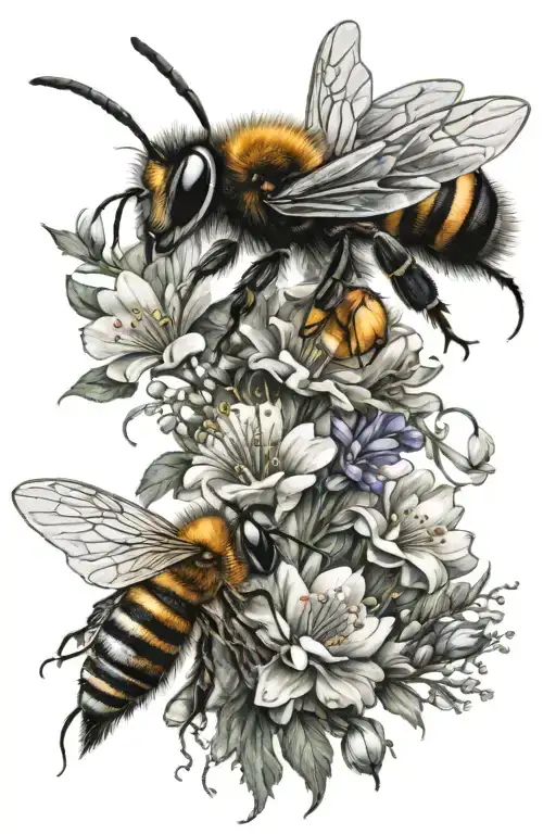 bees and butterflies with flowers tattoo design idea