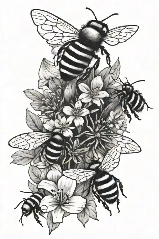 bees and butterflies with flowers tattoo design idea